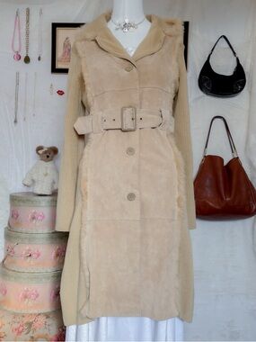 Y2k vintage classic timeless chic city girly tan suede rabbit fur long cardigan